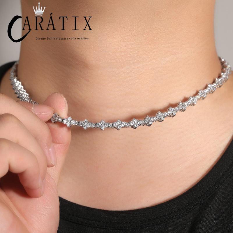 CARÁTIX 7-22" Plum Blossom Tennis Link Chain Choker Necklace – Iced Out Hip Hop Jewelry for Men & Women