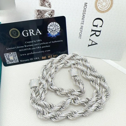 10mm Moissanite Rope Chain Necklace | S925 Silver Hip Hop Jewelry - CaratixJewelry