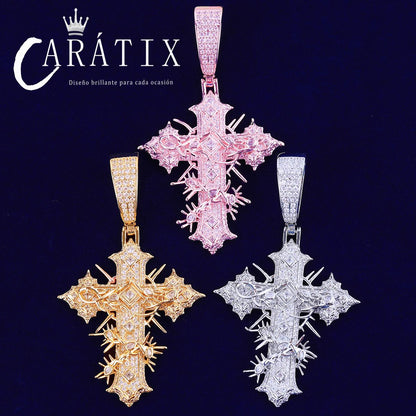 CARÁTIX Bubble Letter Iced Out Rattan Cross Pendant – Hip Hop Necklace Jewelry for Men & Women