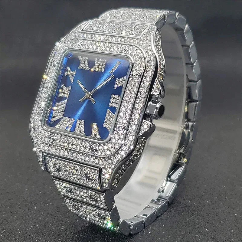 Luxury Blue Dial Roman Numbers Men's Watch | Iced Out Watch Stainless Steel | Luminous Waterproof Analogue Wristwatch | Reloj Hombre | Caratix - CaratixJewelry