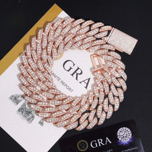 18mm Rose Gold Crescent Cuban Link Chain – Iced-Out Moissanite Hip Hop Men’s Necklace in 925 Sterling Silver - CaratixJewelry