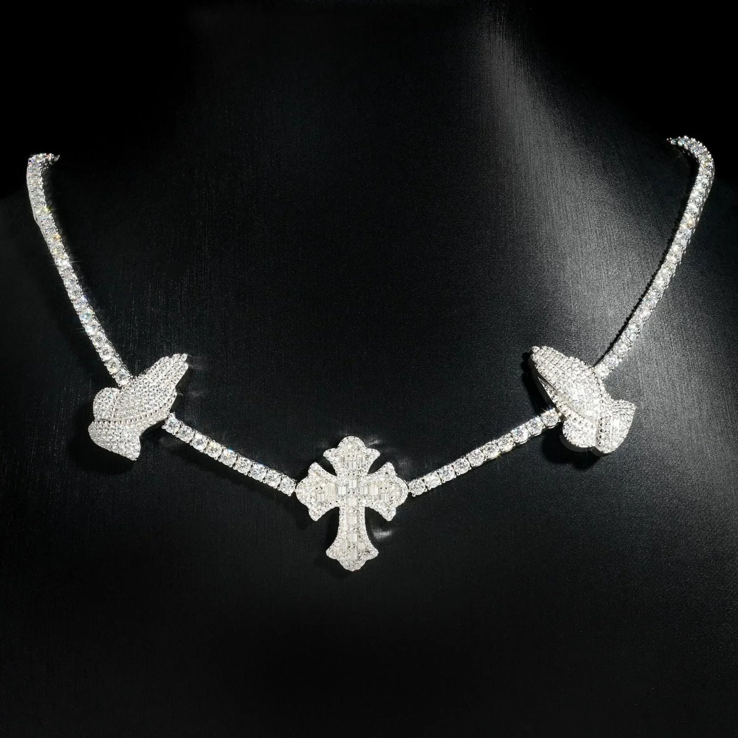 3mm Moissanite Tennis Chain with Cross & Praying Hands Pendant – S925 Sterling Silver Hip Hop Streetwear Necklace - CaratixJewelry