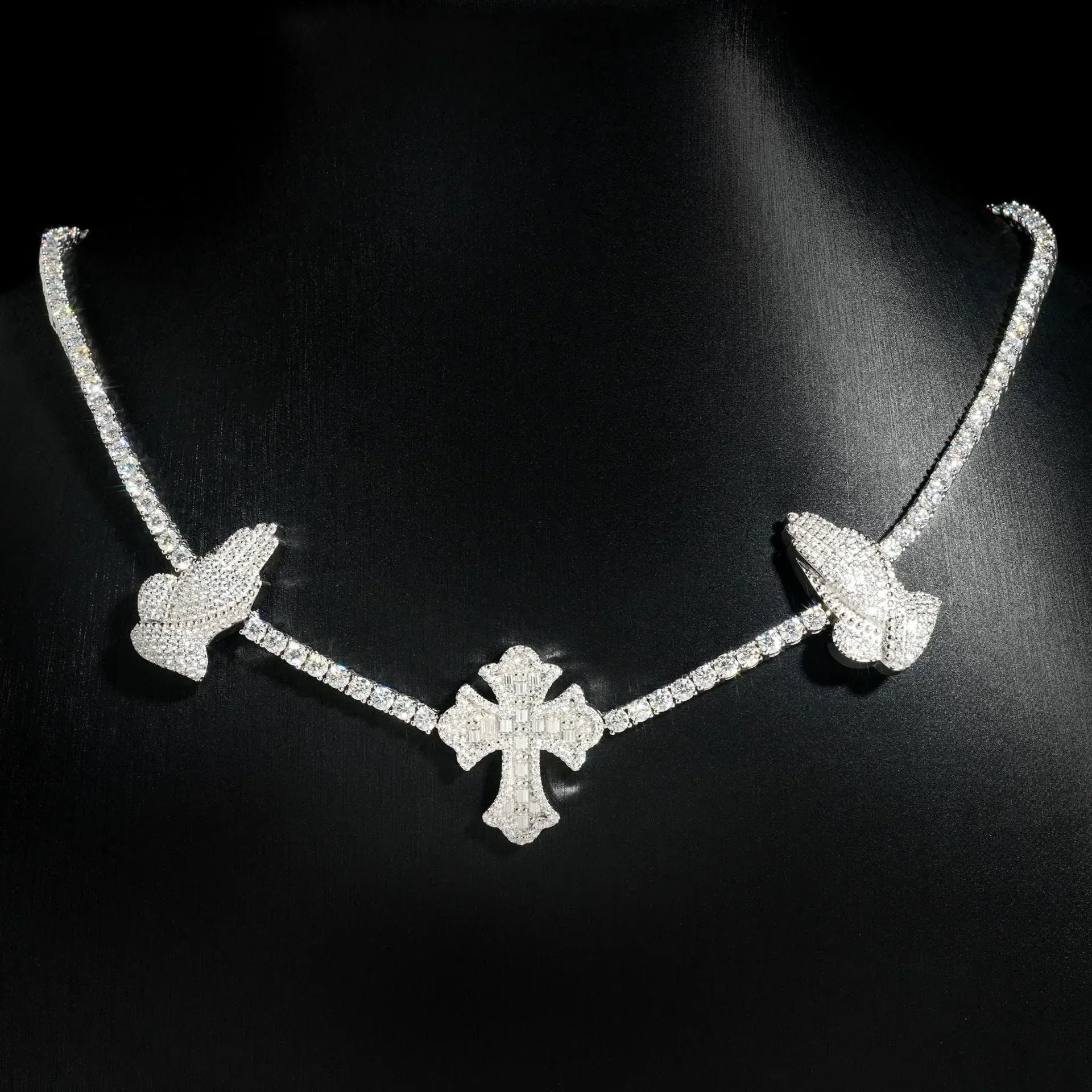3mm Moissanite Tennis Chain with Cross & Praying Hands Pendant – S925 Sterling Silver Hip Hop Streetwear Necklace - CaratixJewelry