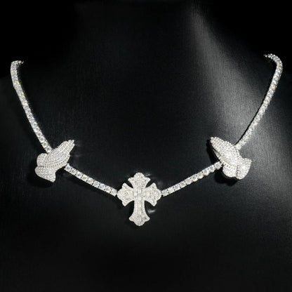 3mm Moissanite Tennis Chain with Cross & Praying Hands Pendant – S925 Sterling Silver Hip Hop Streetwear Necklace - CaratixJewelry