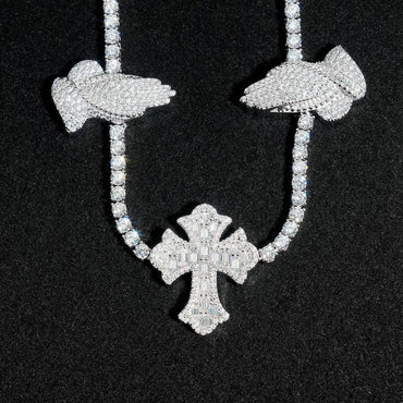 3mm Moissanite Tennis Chain with Cross & Praying Hands Pendant – S925 Sterling Silver Hip Hop Streetwear Necklace - CaratixJewelry
