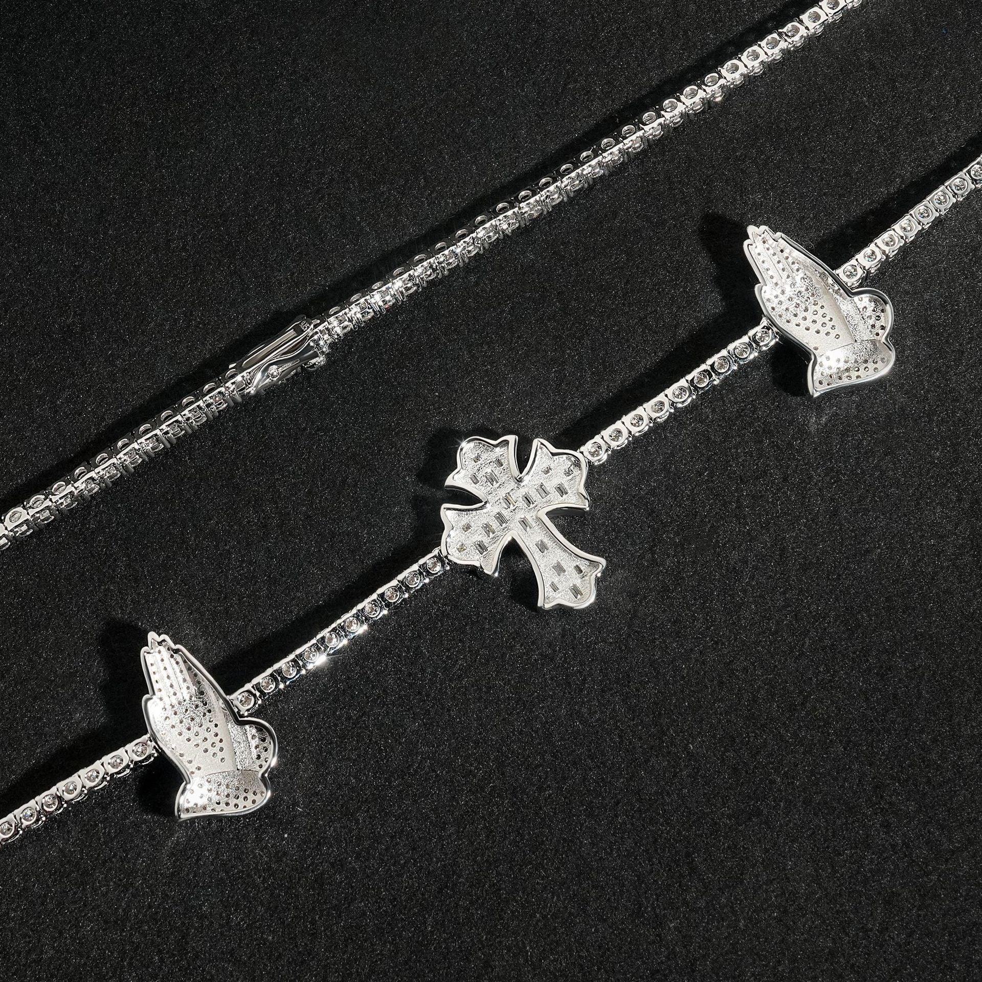 3mm Moissanite Tennis Chain with Cross & Praying Hands Pendant – S925 Sterling Silver Hip Hop Streetwear Necklace - CaratixJewelry