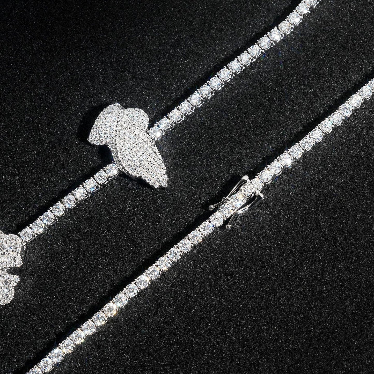 3mm Moissanite Tennis Chain with Cross & Praying Hands Pendant – S925 Sterling Silver Hip Hop Streetwear Necklace - CaratixJewelry