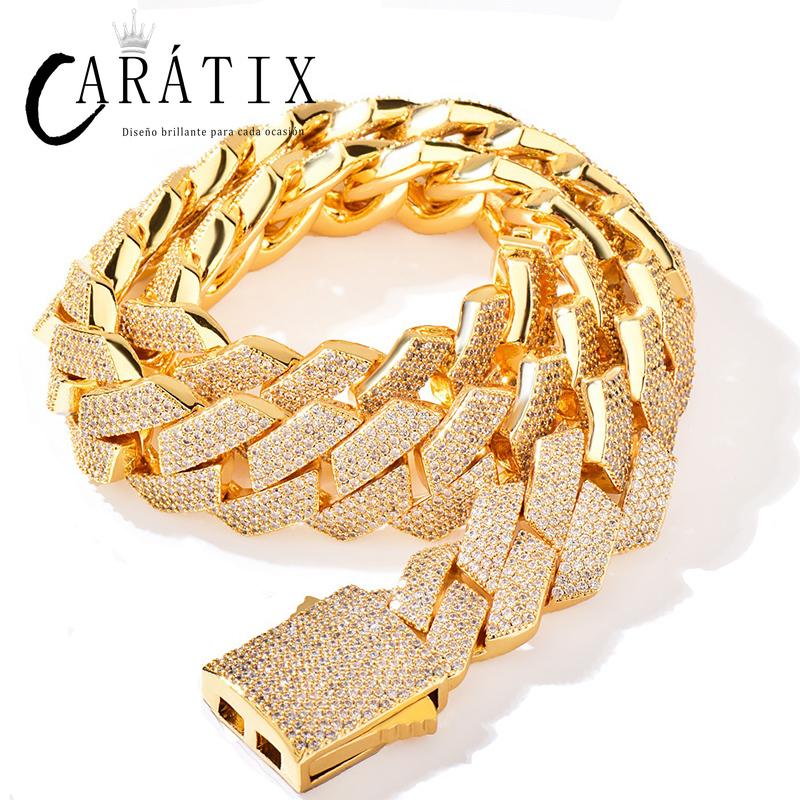 CARÁTIX Hip Hop 20mm 4-Row Rhombus Cuban Link Chain Necklace – Iced Out CZ Jewelry for Men & Women