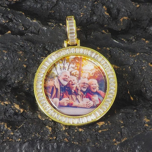 40MM Size T - Diamond Custom Personalized Picture Medallion Memory Pendant 18K Gold Plated Custom Iced Necklace With Photo Jewelry - CaratixJewelry