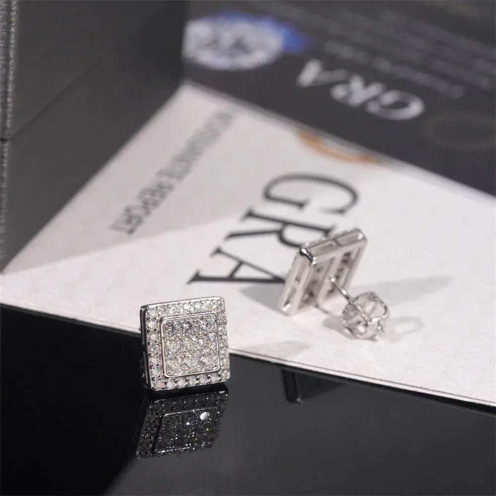 925 Silver Square Moissanite Stud Earrings Unisex Couple Style - CaratixJewelry