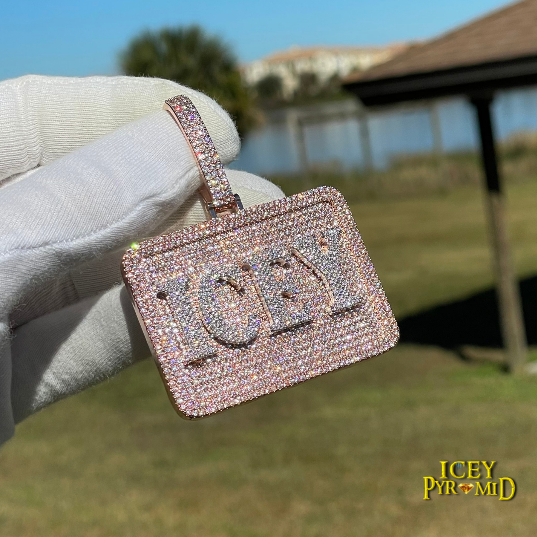 Your Initial or Name on Rectangle Diamond Iced Out Personalized Custom Necklace Pendant