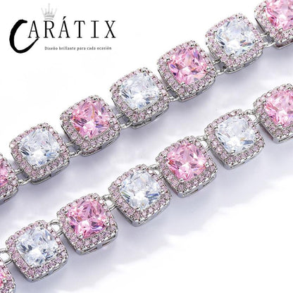 CARÁTIX White & Pink CZ Tennis Chain | Iced Out Square Hip Hop Necklace for Men & Women (16"-22")