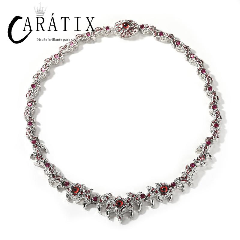 CARÁTIX Red Stone Eyes Thorns Link Chain Necklace – 5A+ CZ Iced Out Hip Hop Bling Jewelry for Men & Women | Rapper Gift