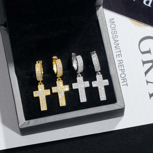 S925 Silver Cross Shape Moissanite Look Earrings for Men and Women - CaratixJewelry