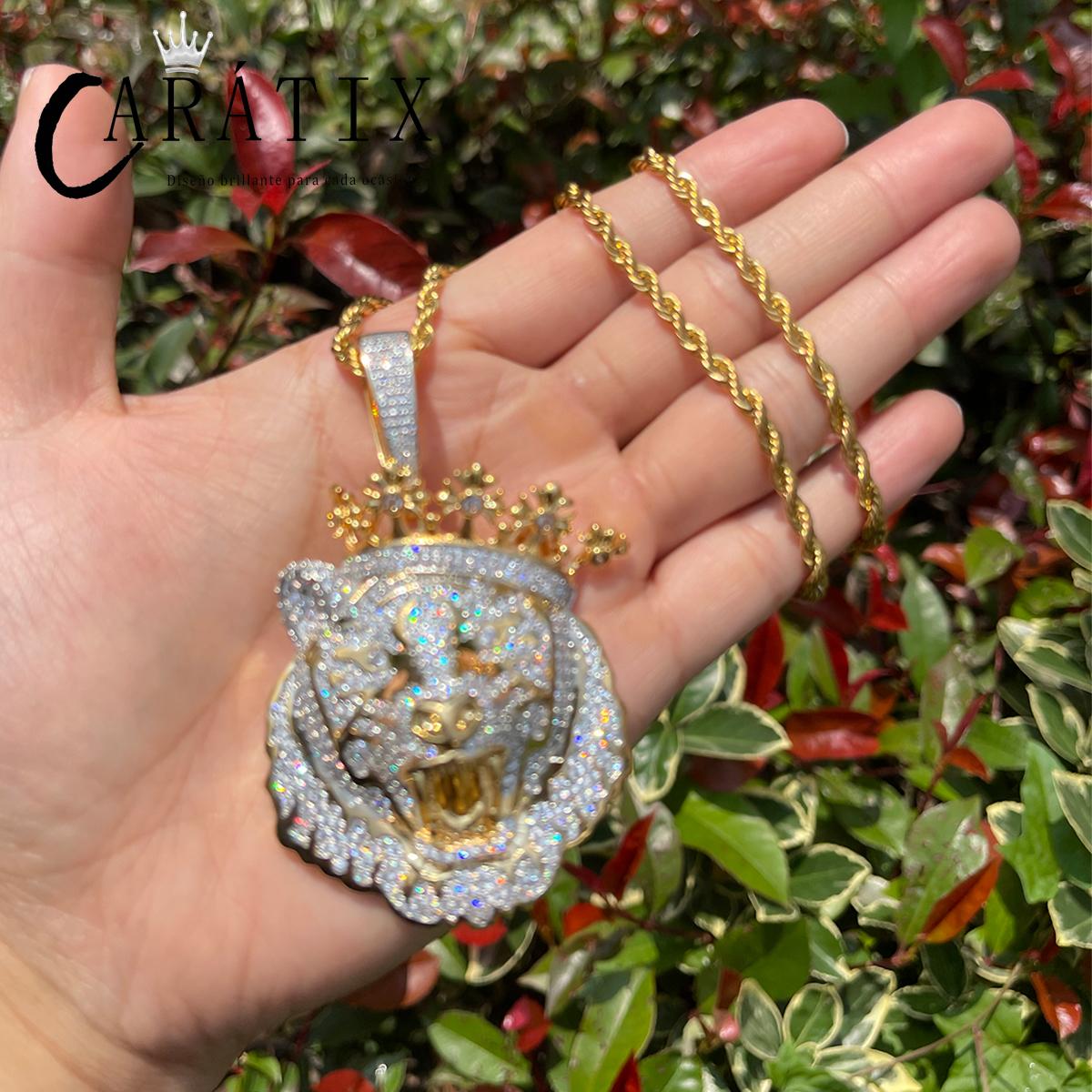 CARÁTIX -Lion Crown Necklace for Men Iced Out Prong Setting Pendant Chain  Double Color Hip Hop Jewelry Valentine's Day Gift for Men & Girls & Boys Mothers' Day Gift #Springtok