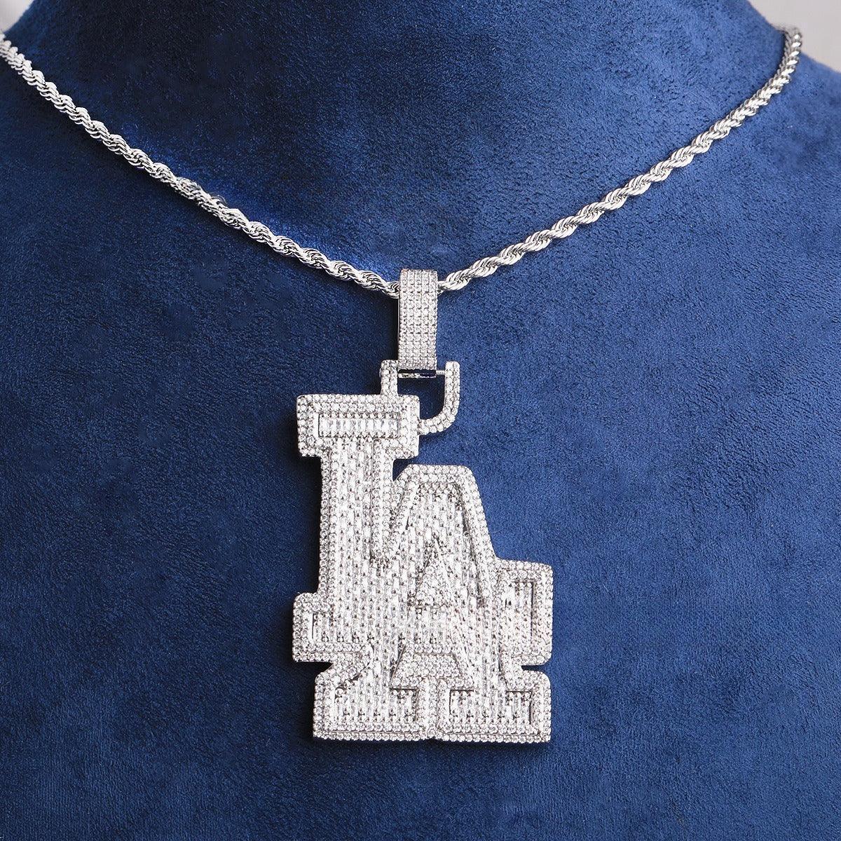 Iced Out Spliced "LA" Letter Pendant | Unisex Real Copper CZ Necklace - CaratixJewelry