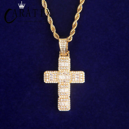 CARÁTIX Bubble Letter Baguette Cross Pendant Necklace – Iced Out Hip Hop Jewelry for Men & Women