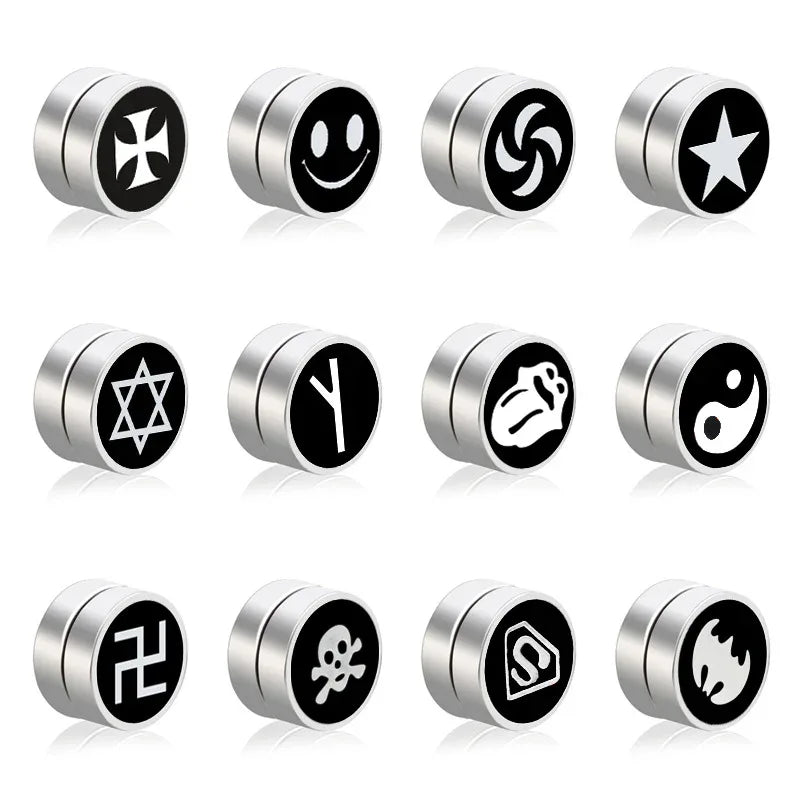 Mens Hip Hop Enamel Magnetic Earrings - Patterned Studs