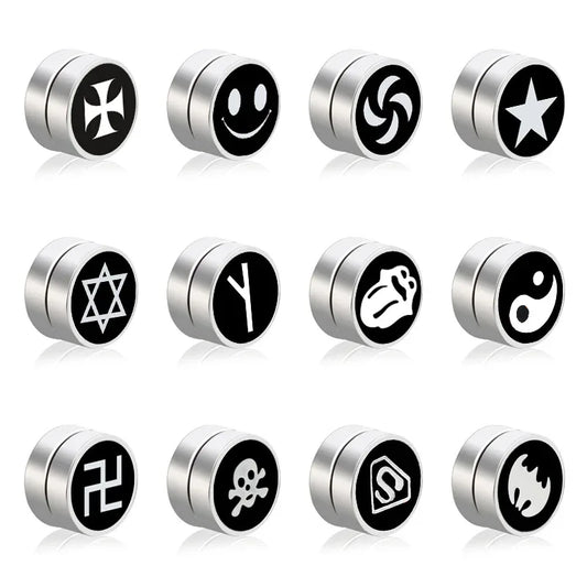 Mens Hip Hop Enamel Magnetic Earrings - Patterned Studs