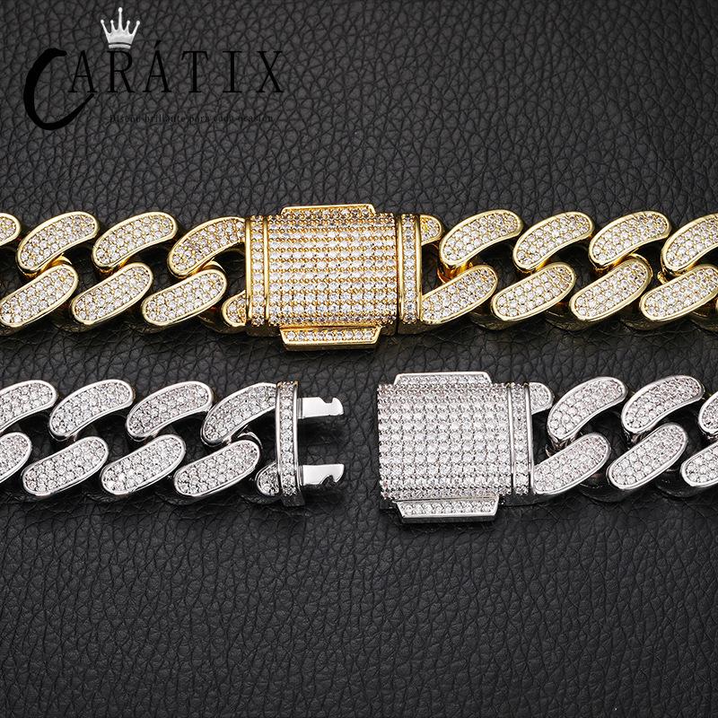 CARÁTIX 18mm Iced Out Cuban Link Chain Necklace – 3 Row CZ Heavy Round Hip Hop Bling Jewelry for Men | Rapper Gift