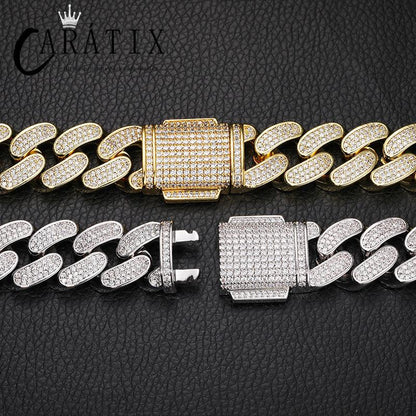CARÁTIX 18mm Iced Out Cuban Link Chain Necklace – 3 Row CZ Heavy Round Hip Hop Bling Jewelry for Men | Rapper Gift