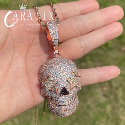 CARÁTIX Bubble Letter Iced Out Skull Pendant Necklace – Copper Hip Hop CZ Jewelry for Men & Women