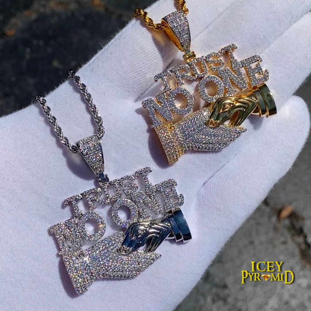 Trust No One Iced Out Letter Diamond Pendant Necklace – Custom Hip Hop Jewelry for Men