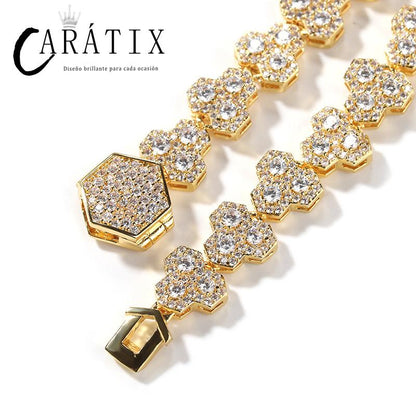CARÁTIX Honeycomb Tennis Chain | 3A+ CZ Iced Out Hip Hop Necklace for Men (Gold Silver)