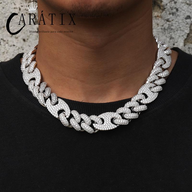 CARÁTIX - 20mm wide Hip Hop 5A+ CZ Stone Paved Bling Iced Out Solid Coffee Bean Cuban Miami Link Chain Necklaces for Men Rapper Jewelry Valentine's Day Gift for Men & Girls & Boys Mothers' Day Gift #Springtok