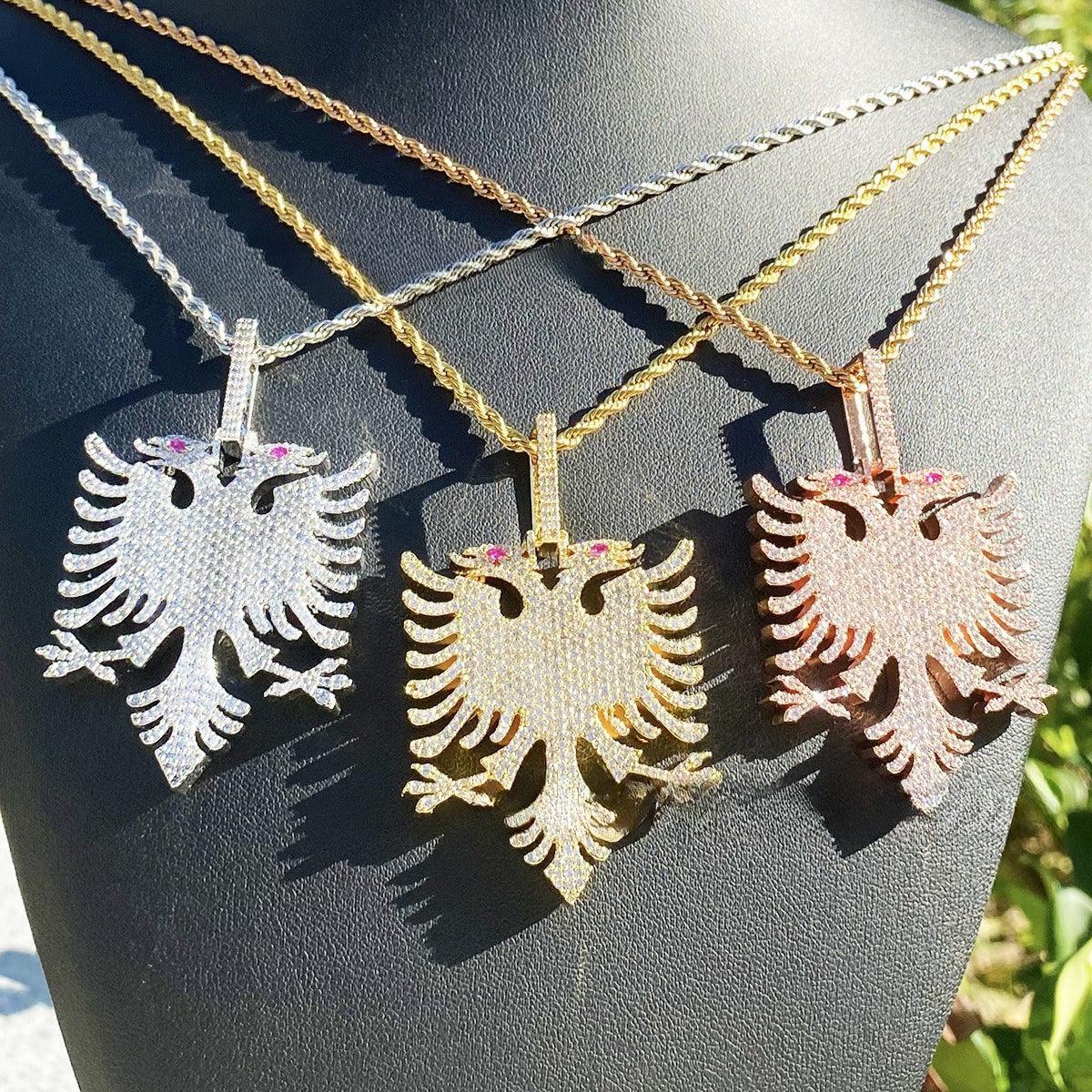 Iced Out Albanian Double-Headed Eagle Pendant | Men's Real Copper CZ Necklace - CaratixJewelry