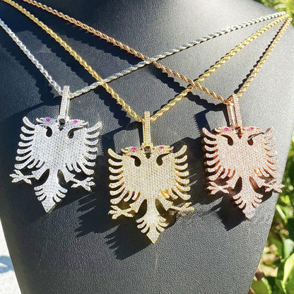 Iced Out Albanian Double-Headed Eagle Pendant | Men's Real Copper CZ Necklace - CaratixJewelry