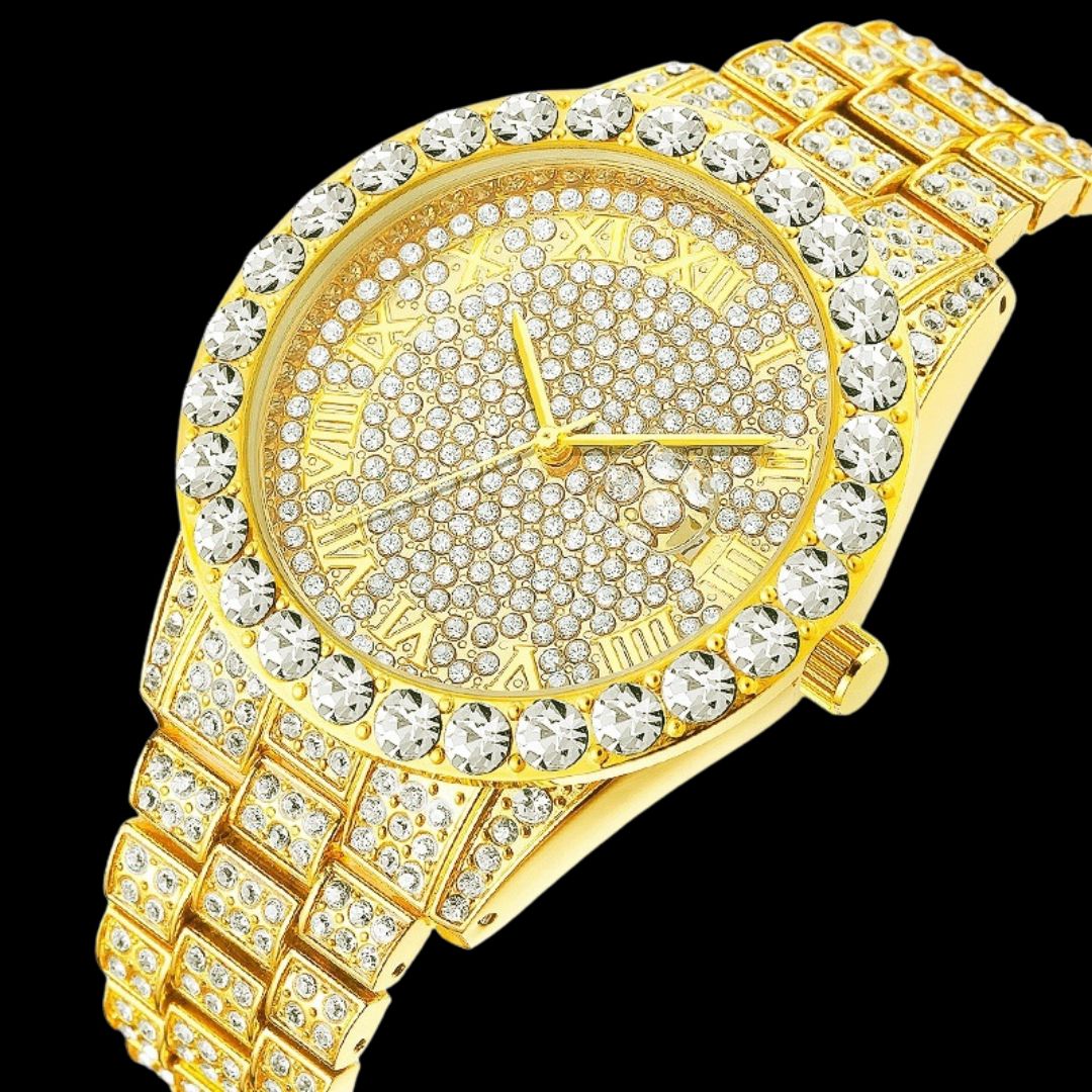 Roman Numerals Fully Stoned Dial Iced Out Diamond Watch – Luxury Hip Hop Timepiece