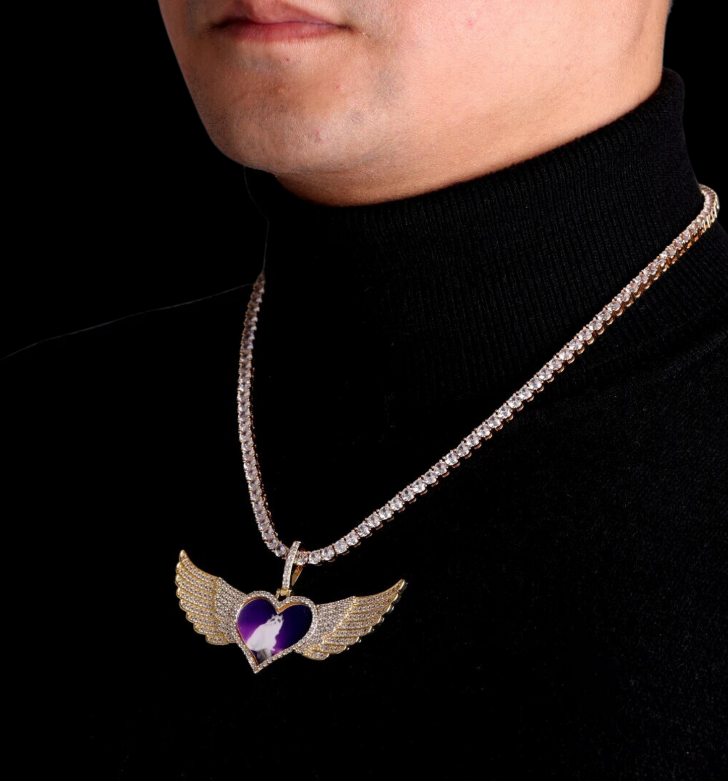 Long Wings Heart Custom Photo Pendant Necklace – Personalized Iced Out Picture Jewelry for Men and Women