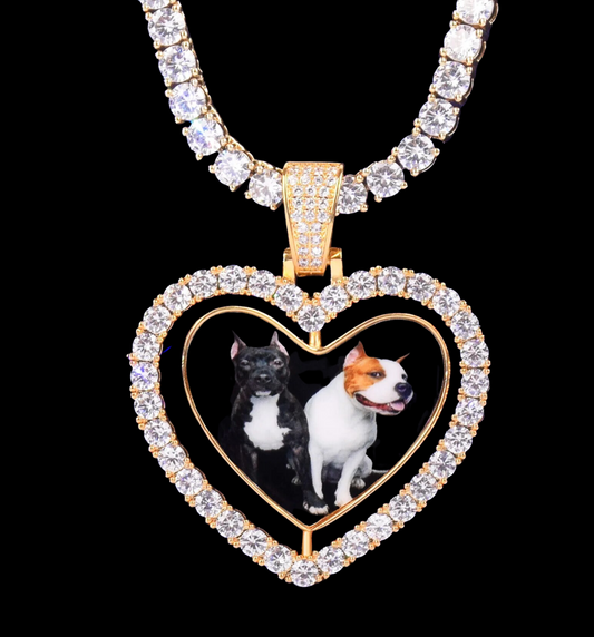Rotating Double-Sided Heart Tennis Custom Photo Pendant Necklace – Iced Out Hip Hop Jewelry