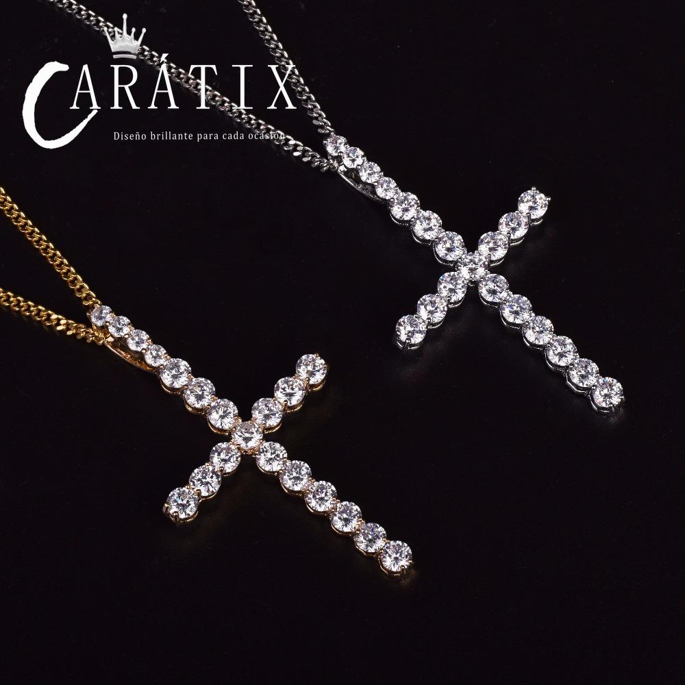 CARÁTIX Bubble Letter Zircon Cross Pendant Necklace – Golden Copper Hip Hop Jewelry for Men & Women