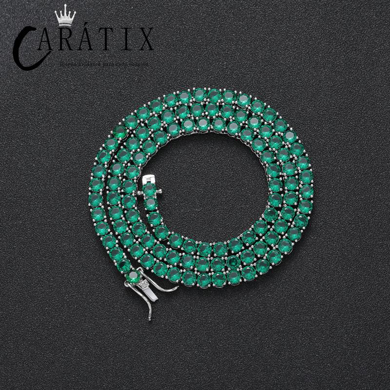 CARÁTIX - 4mm Hip Hop Green Zircon Set Bling Iced Out 1 Row CZ Stone Tennis Link Chain Chokers Necklaces for Men Women Rapper Jewelry Valentine's Day Gift for Men & Girls & Boys Mothers' Day Gift #Springtok