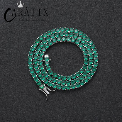 CARÁTIX - 4mm Hip Hop Green Zircon Set Bling Iced Out 1 Row CZ Stone Tennis Link Chain Chokers Necklaces for Men Women Rapper Jewelry Valentine's Day Gift for Men & Girls & Boys Mothers' Day Gift #Springtok