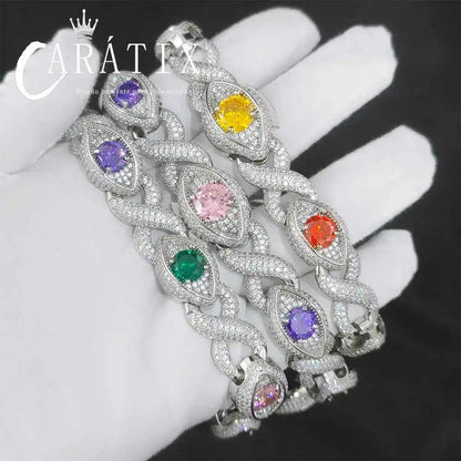 CARÁTIX Evil Eye Cuban Link Chain Necklace – CZ Color Zircon Iced Out Hip Hop Jewelry for Women & Men | White Bling Gift
