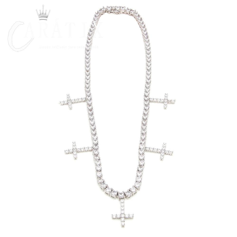 CARÁTIX Hip Hop Iced Out 1-Row CZ Tennis Chain Necklace with 5 CZ Cross Pendants – Luxury Jewelry for Men & Women