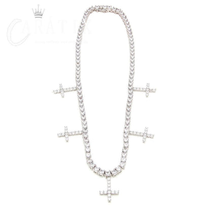 CARÁTIX Hip Hop Iced Out 1-Row CZ Tennis Chain Necklace with 5 CZ Cross Pendants – Luxury Jewelry for Men & Women