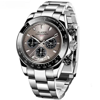 Luxury Three-Eye Men's Watch | Blue Dial Full Stainless Steel Iced Out Watch | Multifunctional Waterproof Quartz Clock | Caratix - CaratixJewelry