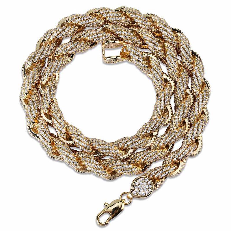 CARÁTIX Gold Twist Rope Chain Necklace – Micro Pave CZ Iced Out Hip Hop Bling Jewelry for Men | Round Link Rapper Gift
