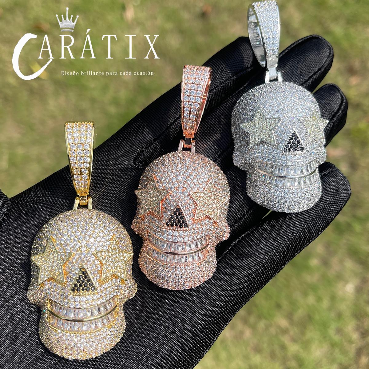 CARÁTIX Bubble Letter Iced Out Skull Pendant Necklace – Copper Hip Hop CZ Jewelry for Men & Women