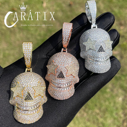 CARÁTIX Bubble Letter Iced Out Skull Pendant Necklace – Copper Hip Hop CZ Jewelry for Men & Women