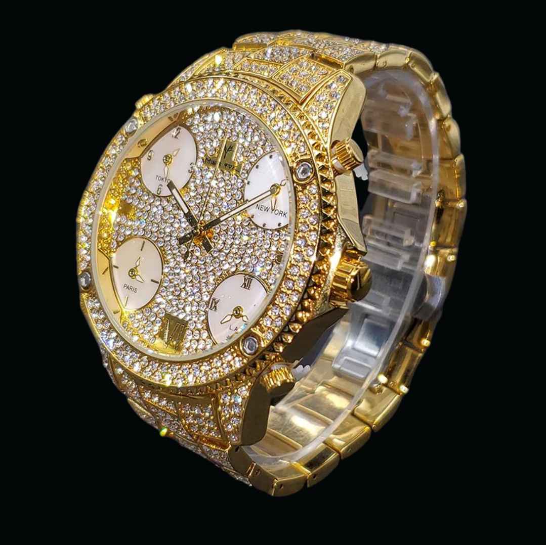 Waterproof Big Dial Dual Time Iced Out Diamond Watch 