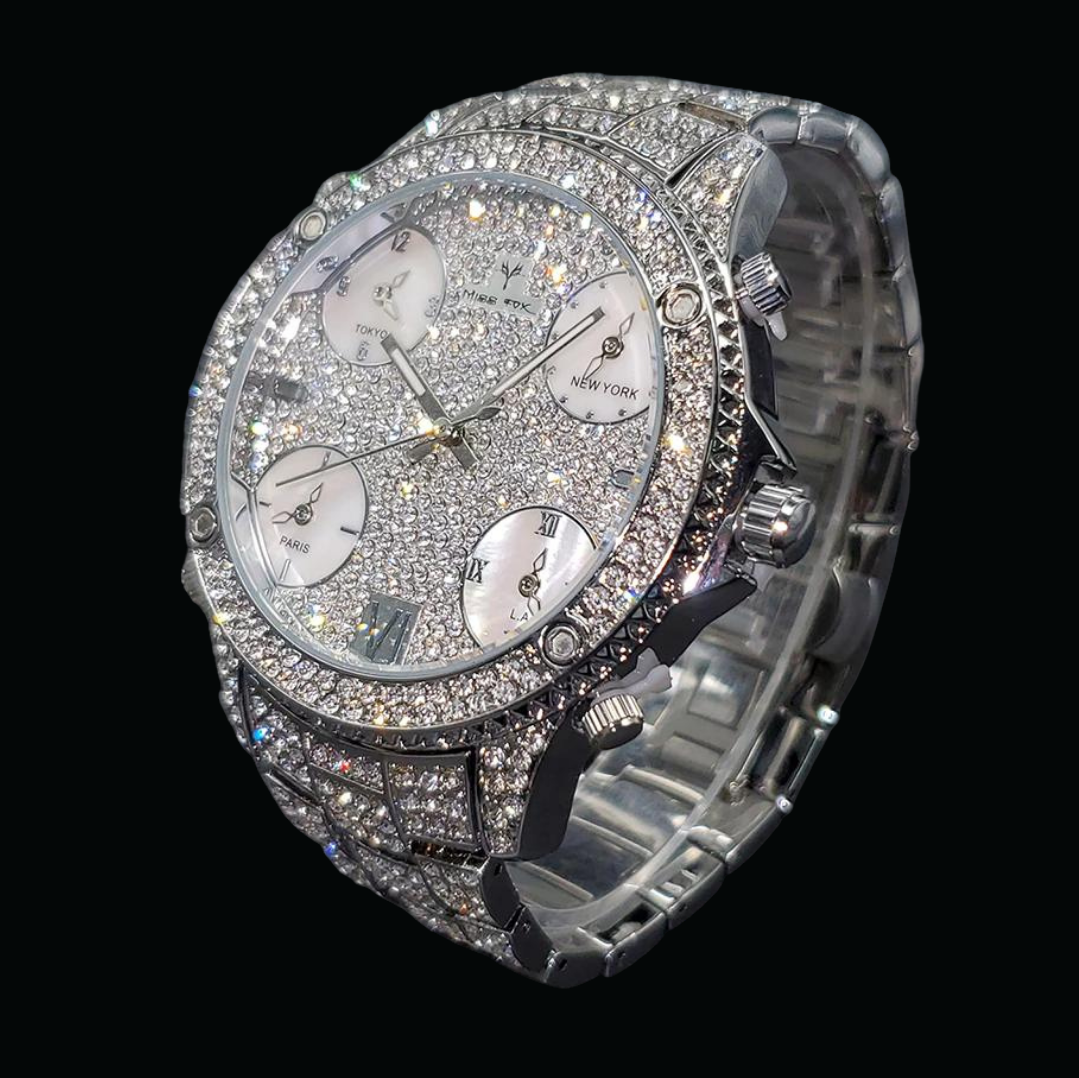 Waterproof Big Dial Dual Time Iced Out Diamond Watch 