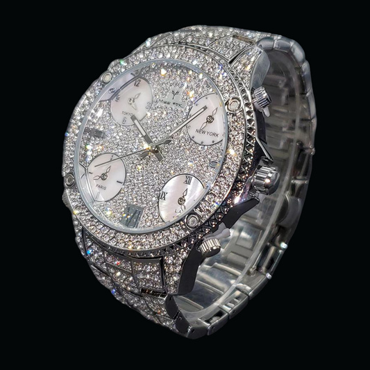 Waterproof Big Dial Dual Time Iced Out Diamond Watch – Luxury Hip Hop Style