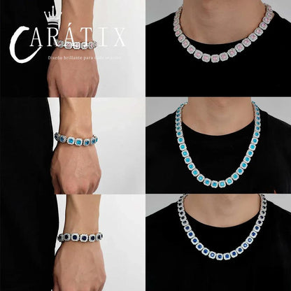 CARÁTIX - 12MM Silver Plated  Blue CZ Jumbo Square Sparkling Cluster Cubic Zirconia Tennis Link Chains for Men Valentine's Day Gift for Men & Girls & Boys Mothers' Day Gift #Springtok