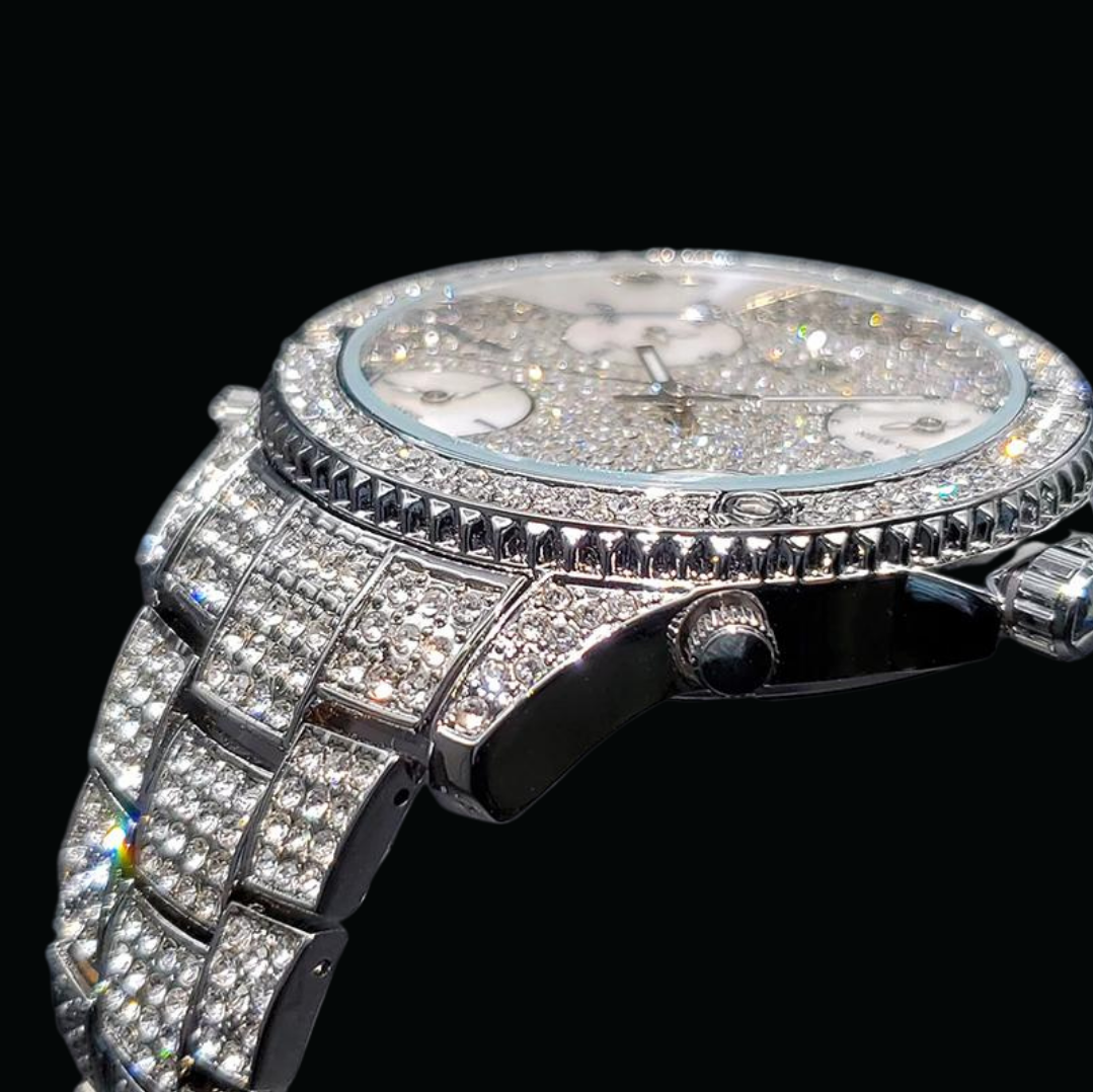Waterproof Big Dial Dual Time Iced Out Diamond Watch 
