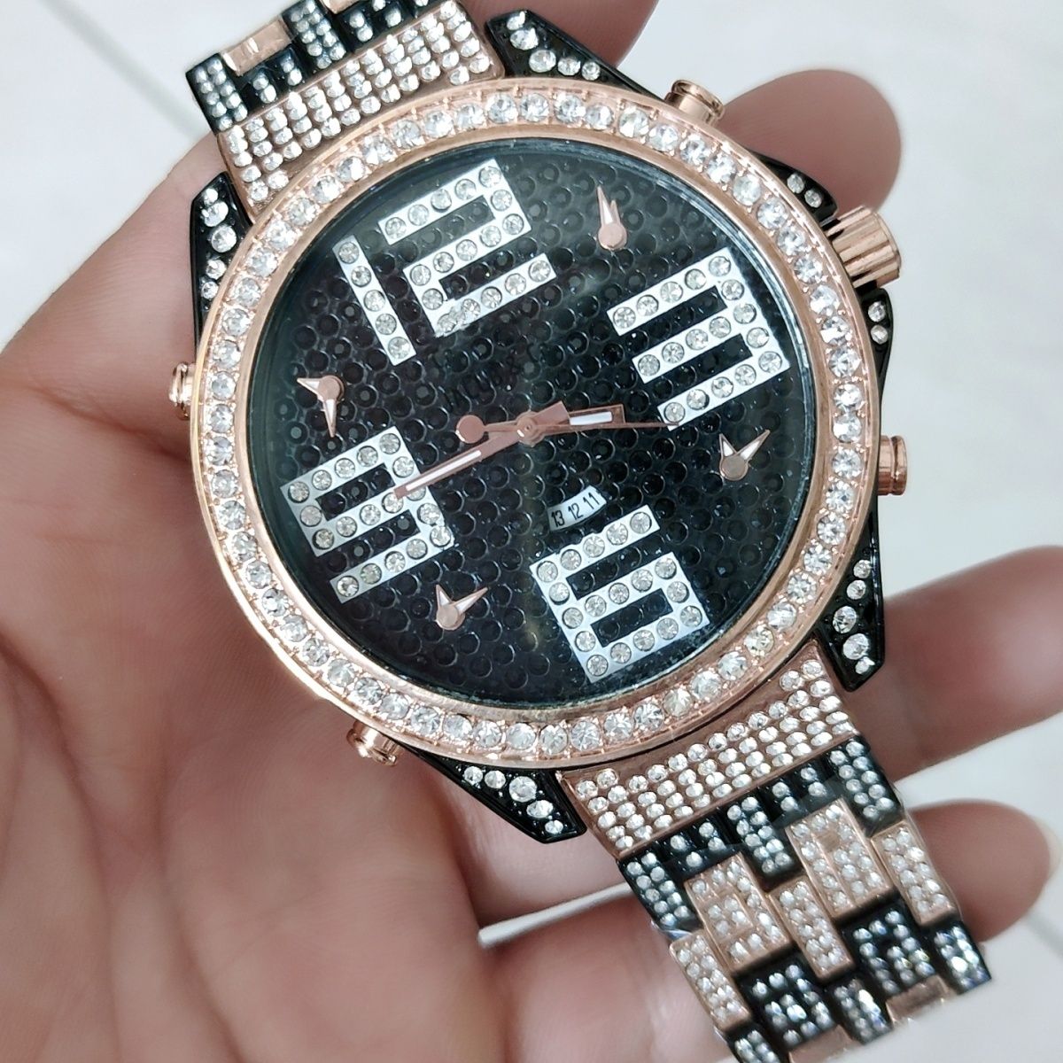 Fully Iced Out Watch Big Face Steel Band Quartz | Caratix